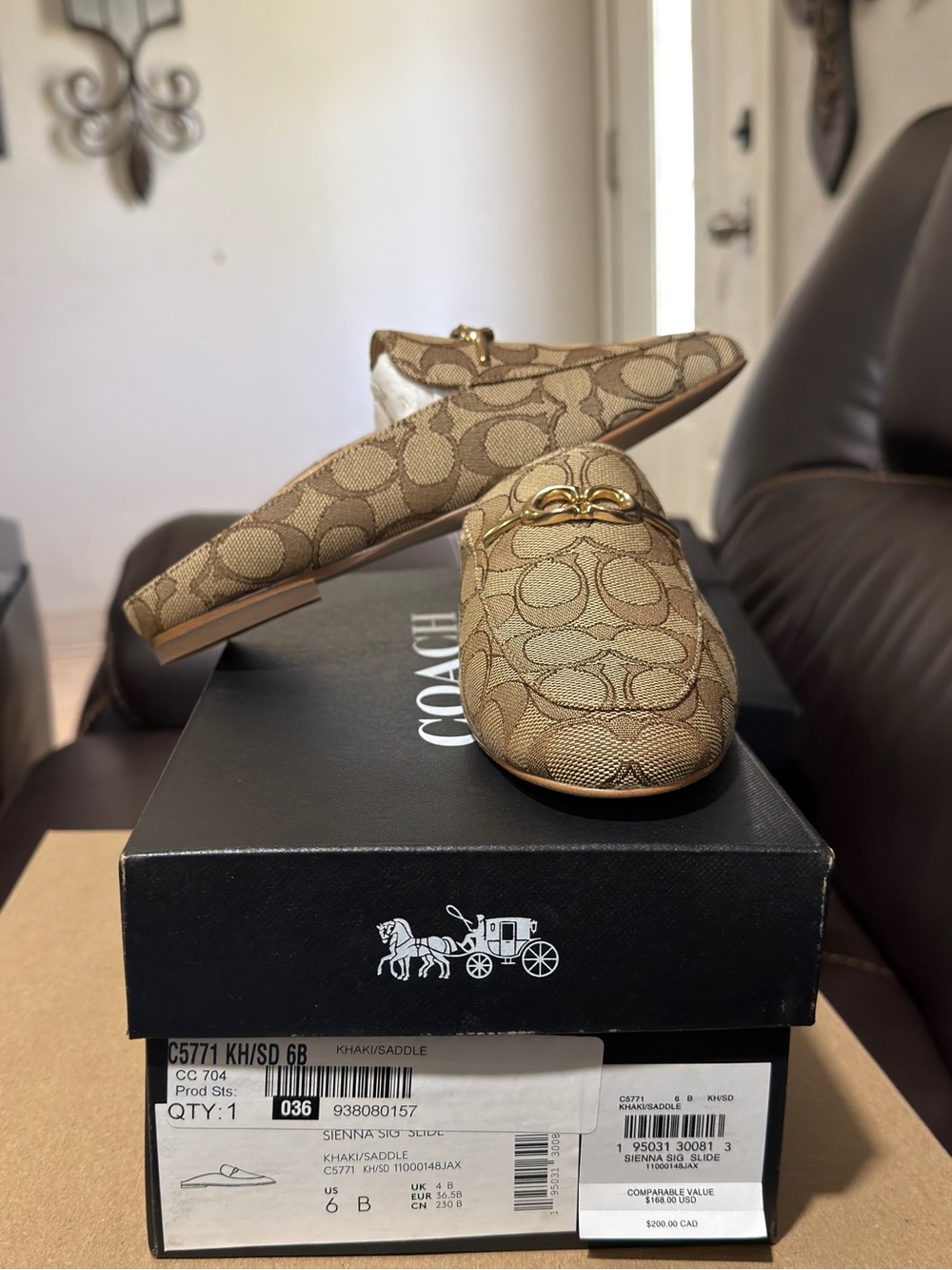 Coach Khaki Saddle Signature Canvas Mules with Gold Bit
